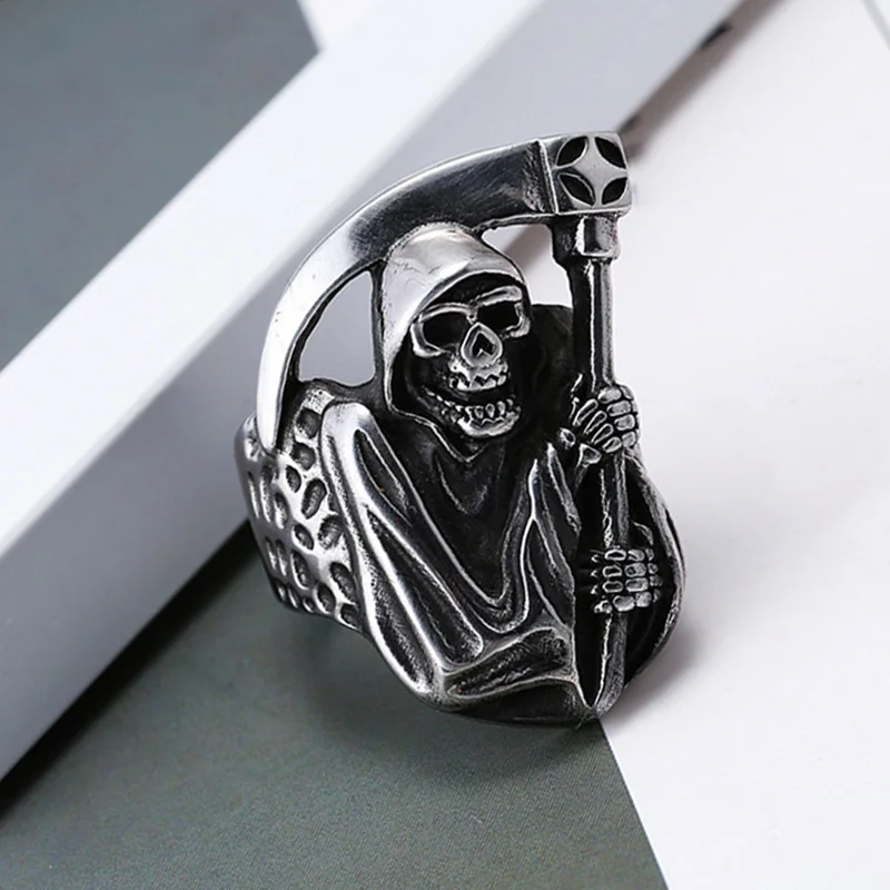 Creative Exquisite Titanium Steel Carved Scythe Skull Men's Ring Festival Party Birthday Gift Jewelry