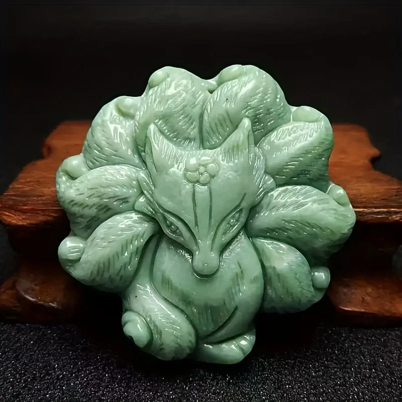 

Light Green Natural Hand-carved Nine-tailed Fox Pendant Fashion Boutique Jewelry for Men and Women Fox Jade Necklace Gift