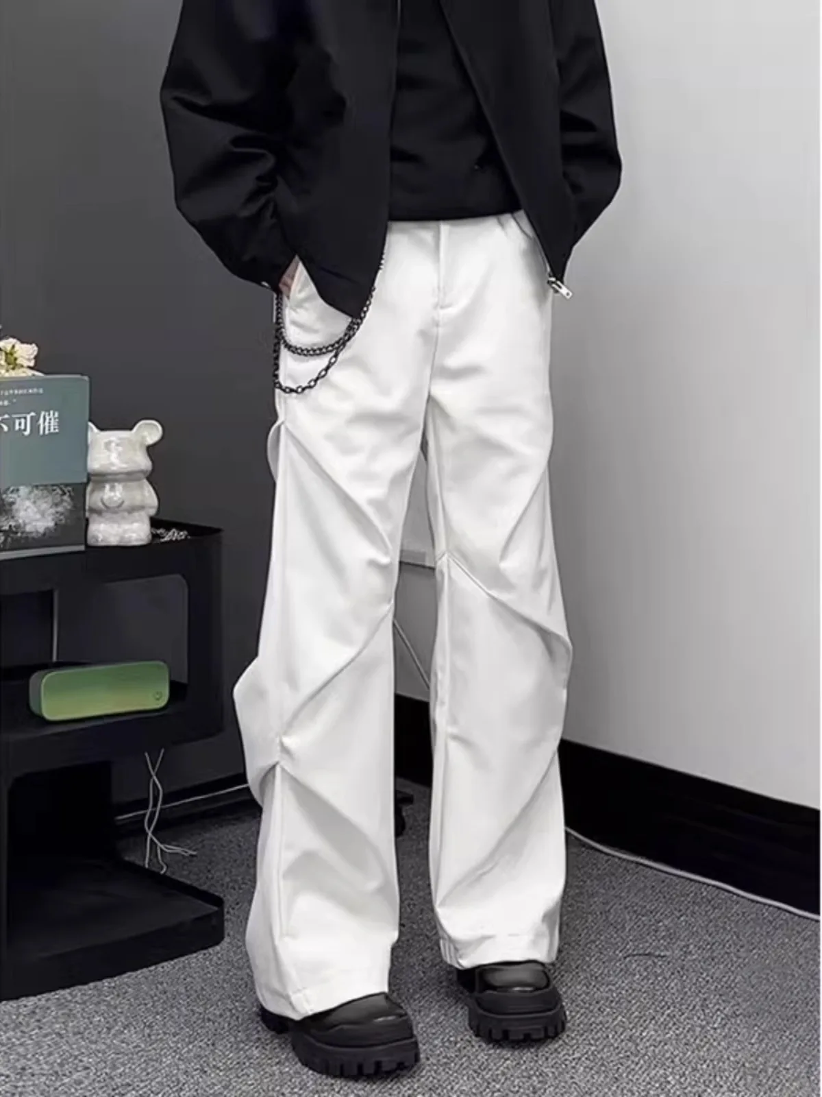 

Белые плиссированные расклешенные мужские повседневные брюки, весенние широкие брюки Cleanfit, модная дизайнерская рабочая одежда, прямой крой, свободный крой