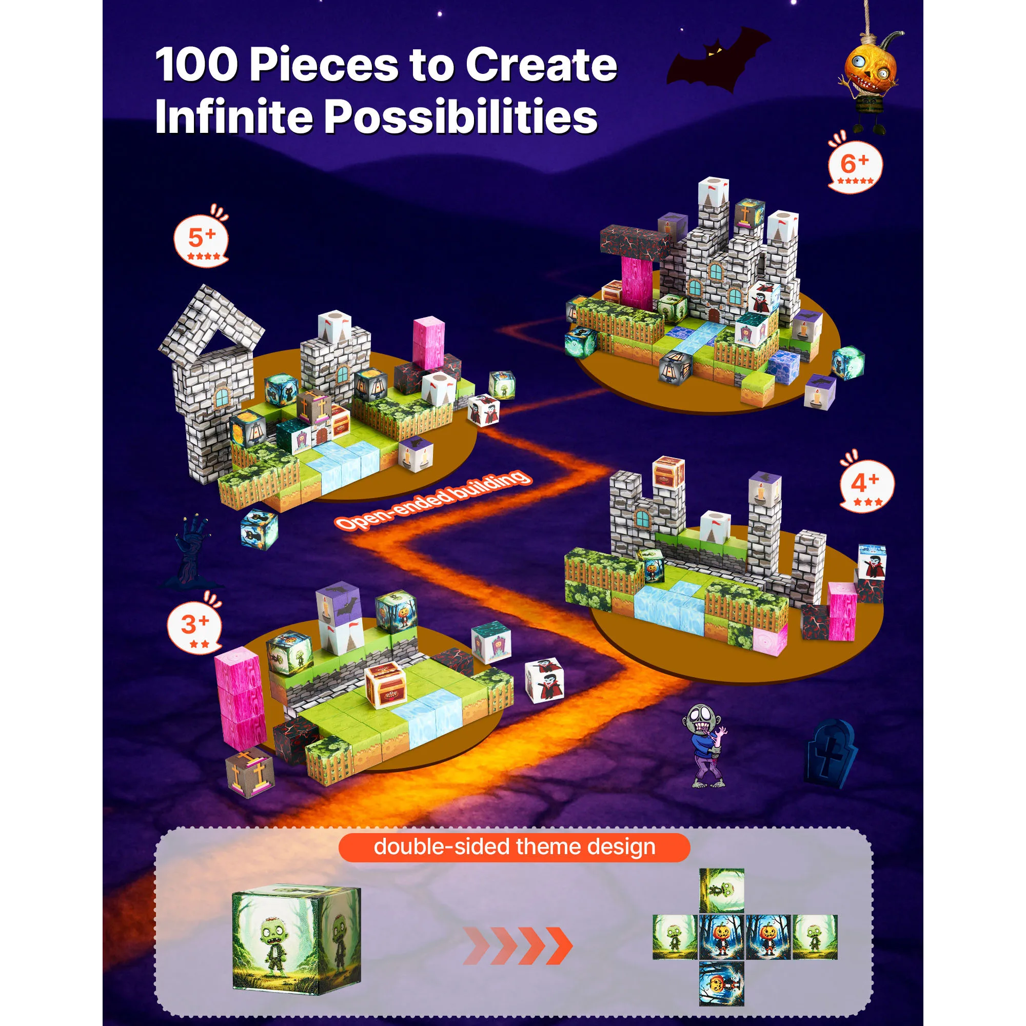 SucceBuy 100 SZT. Magnetyczne Klocki Zestaw Zombi z Cmentarza Magnetyczne Klocki Konstrukcyjne Zabawki do Układania dla Dzieci Prezent na Urodziny