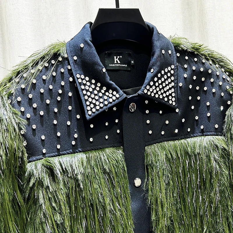 PFHQ Autumn Winter Men Jacket Fashion Diamond Studded Tassel Plush Light Luxury Turn-down Collar Male Tops Fashion 21Z7554