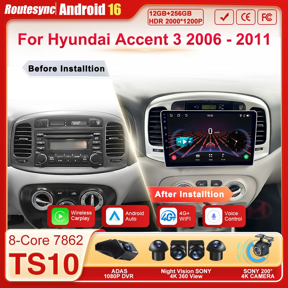 

Стерео-магнитола для Hyundai Accent 3 2006-2011, автомобильный мультимедийный проигрыватель на Android 16, Carplay, навигация GPS, 8-ядерный процессор, 4G Wi-Fi