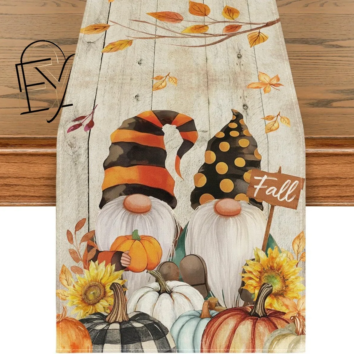 Linen Table Runner Off White with White Pumpkin Maple Leaf  Red Berry Autumn Kitchen Table Decoration