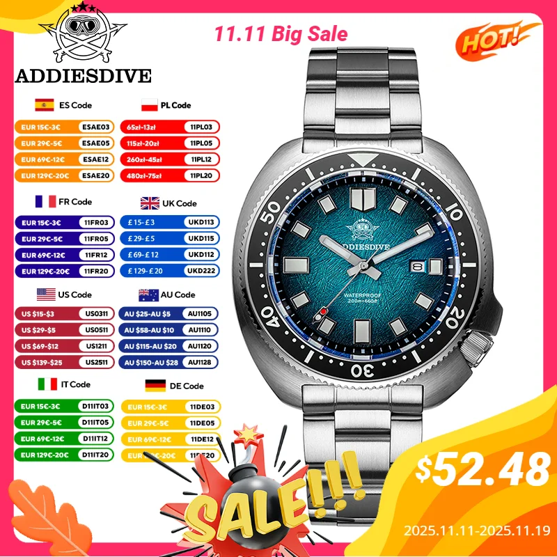 ADDIESDIVE 남성용 쿼츠 시계 사파이어 글라스 일본 2115 BGW9 슈퍼 루미너스 럭셔리 시계 200M 방수 다이빙 시계 AD2511