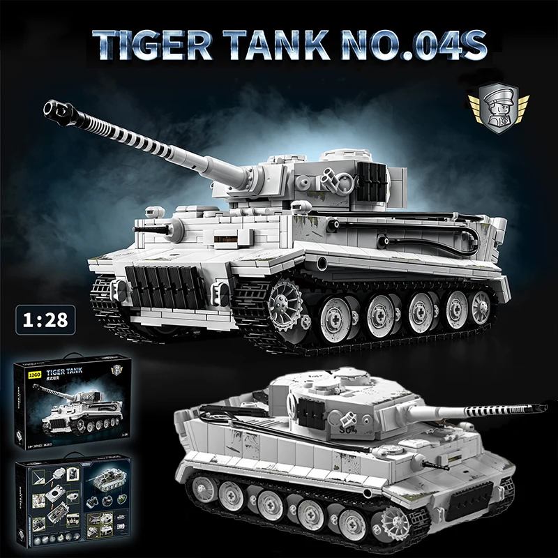 

1628PCS Tiger Early Production Heavy Tank NO.S04 Building Blocks Sets – White Camouflage Military Armored vehicle Model Kit Toy