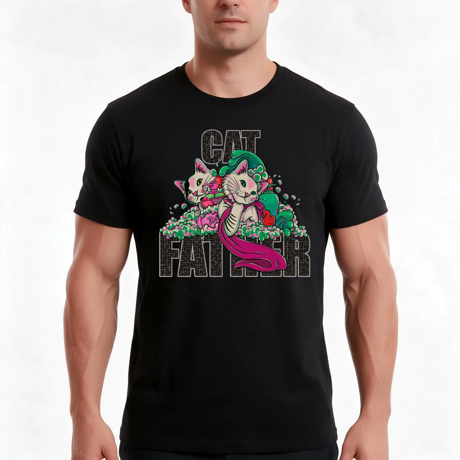 Cats Father ,pink,green and red duckling T-Shirt, Summer Casual Cotton Tee, Oversized Streetwear Tops, Vintage Graphic Print