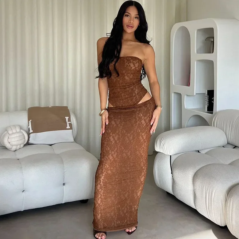 

Leosoxs Lace Jacquard See Through 2 Piece Set Women Sexy Strapless Bodysuits and Maxi Skirt Match Coquette Midnight Club Outfits