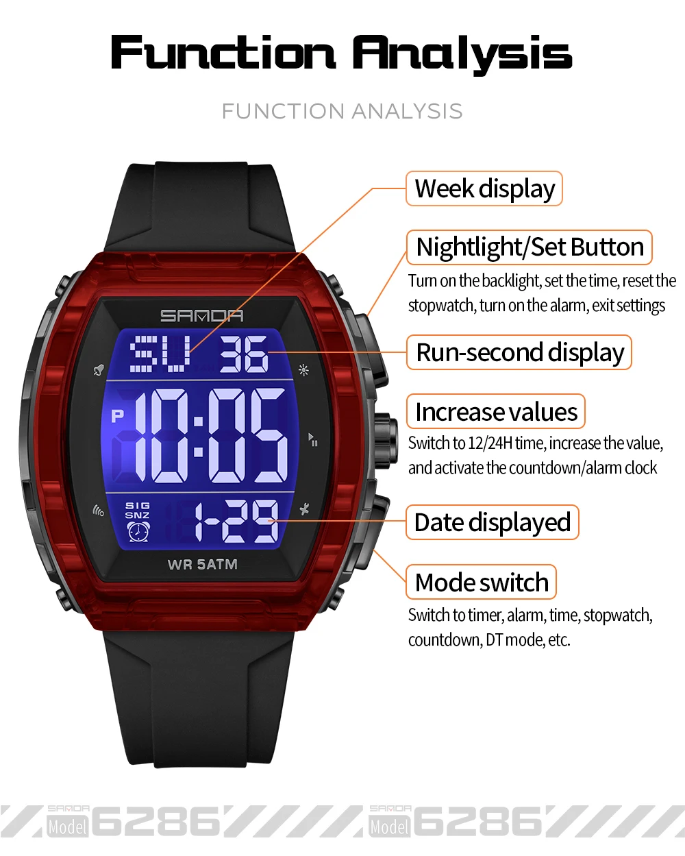 SANDA 6286 waterproof alarm clock men brand's new electronic watch digital multifunctional fashion trend men's watch silicone