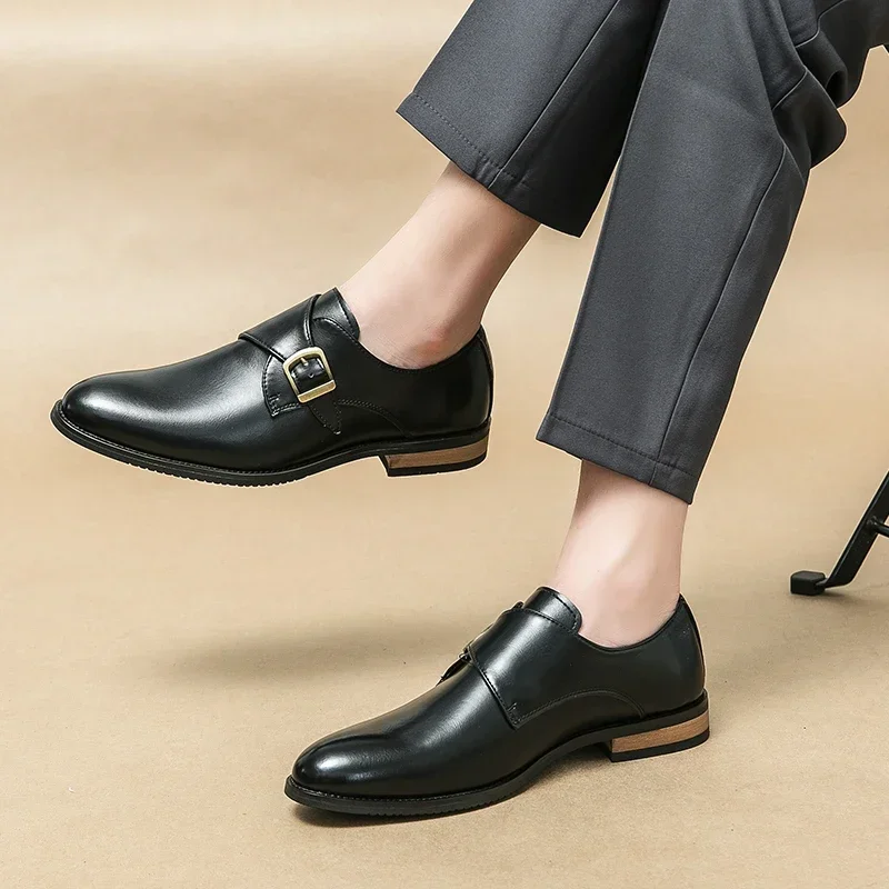 New Black Loafers for Men Brown  Buckle Strap Solid  Round Toe Pu Leather  Men Shoes  Size 38-46 Men Dress Shoes