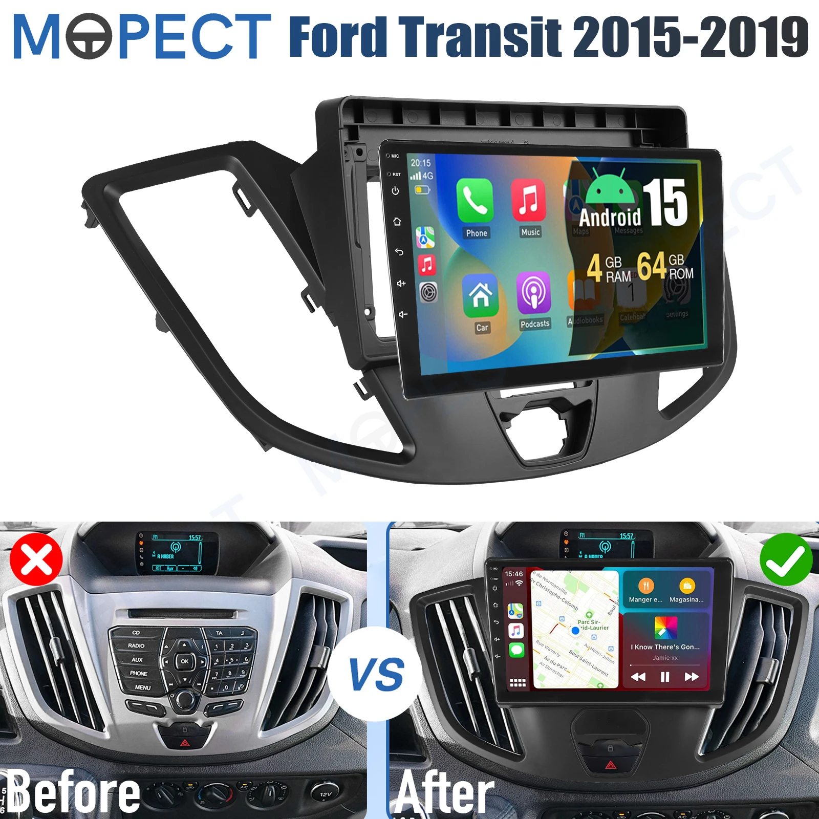 MOPECT Voor Ford Transit 150 250 350 2015-2019 9" Android 15 CarPlay Autostereo Radio WiFi GPS FM/AM Touchscreen+DAB&DVR&Camera