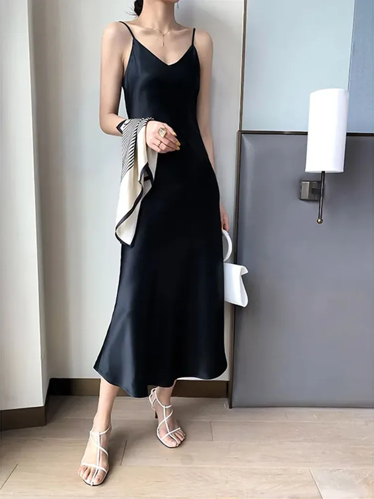 2022 Elegant Women Dress Summer Sexy V-Neck Korean Satin Party Long Spaghetti Strap Dresses Casual Sundress Vestido Mujer