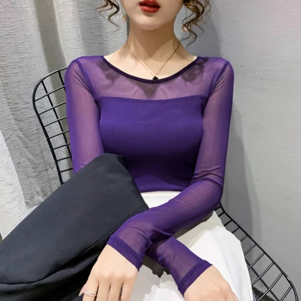 

Autumn Winter Round Neck T shirt Women Sexy Mesh Bottoming Shirt Long Sleeve Solid Color Slim Fit Long Sleeve Casual Tops
