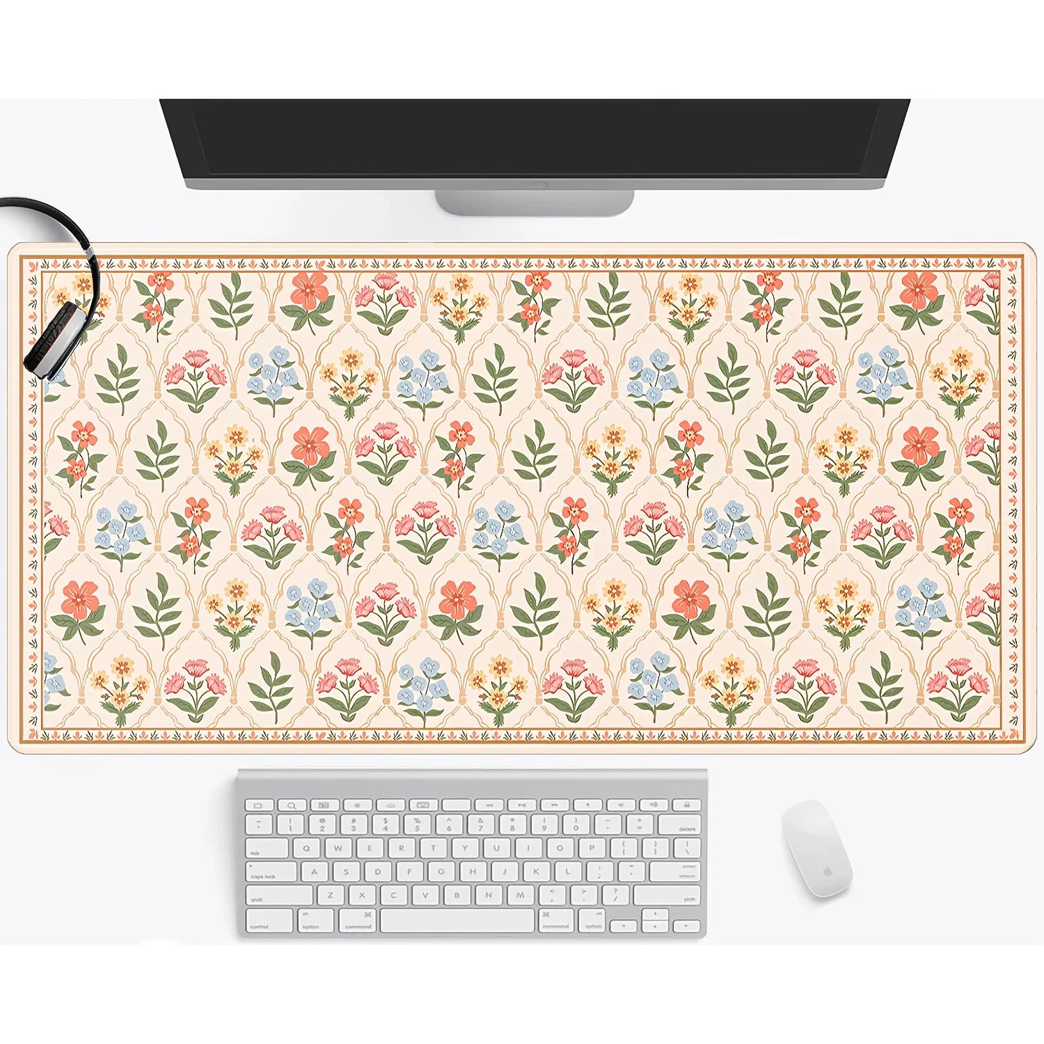 

Floral design mouse pad, anti-slip and waterproof rubber base, sewn edge, suitable for office and home PC desktop decoration