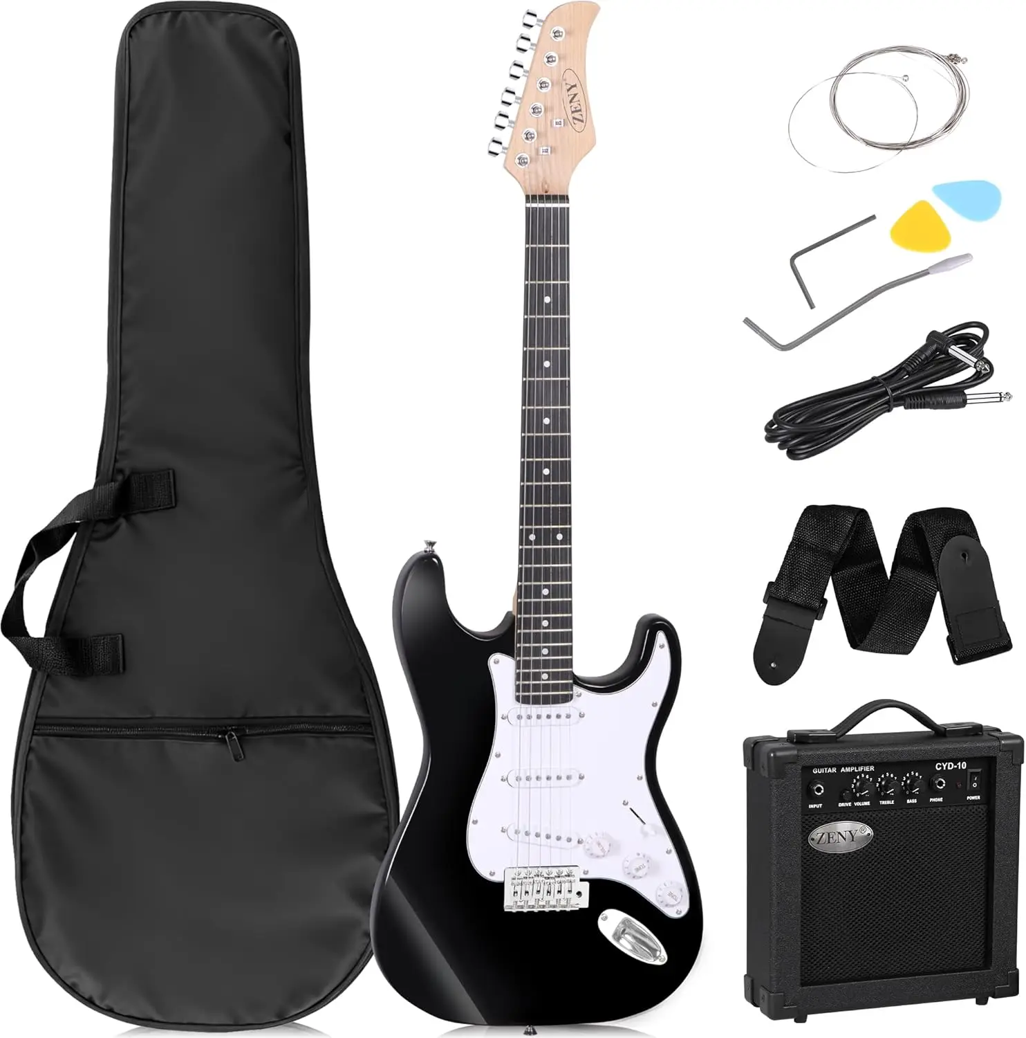 Full Size 39-Inch Electric Guitar Starter Kit for Beginners, Includes 10W Amplifier, Carrying Case, and Accessories, Black