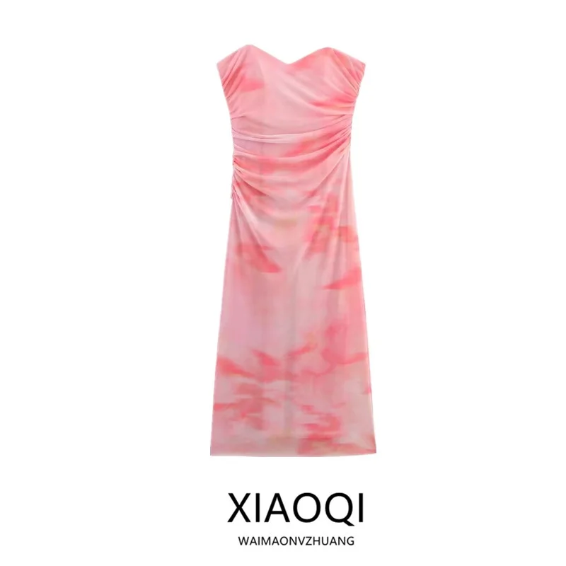 2025년 봄 신상 여성 패션 다용도 프린트 실크 메쉬 튜브탑 어깨 노출 드레스 출퇴근 스타일 민소매 기타 소재 00%