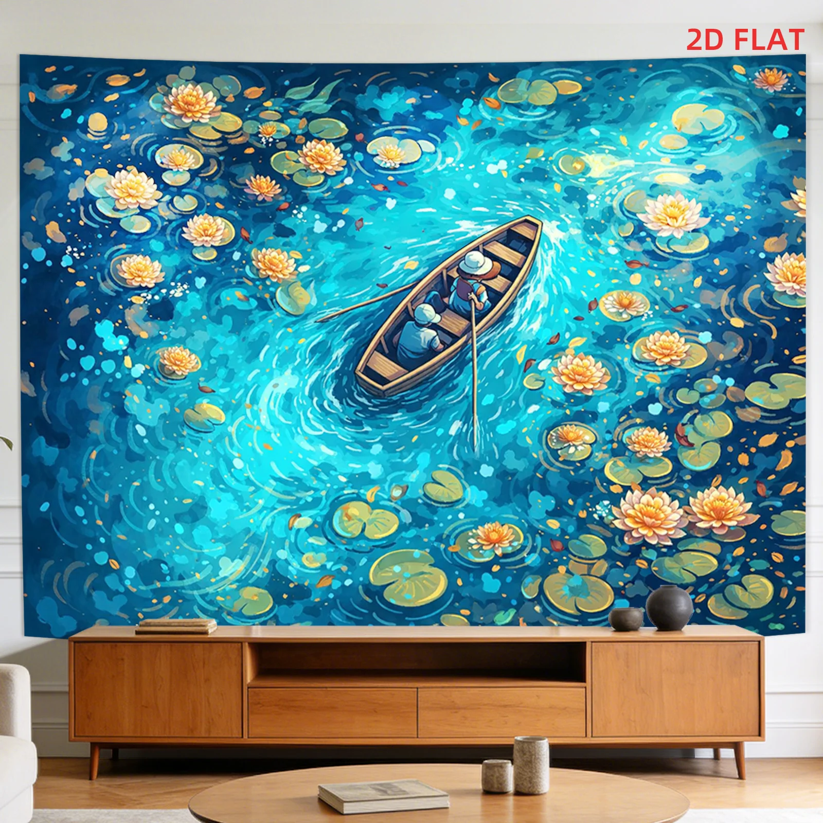 Boat on Water Lily Pond Tapestry with Two People Rowing and Floating Lotus Flowers 180x280cm Wall Decor