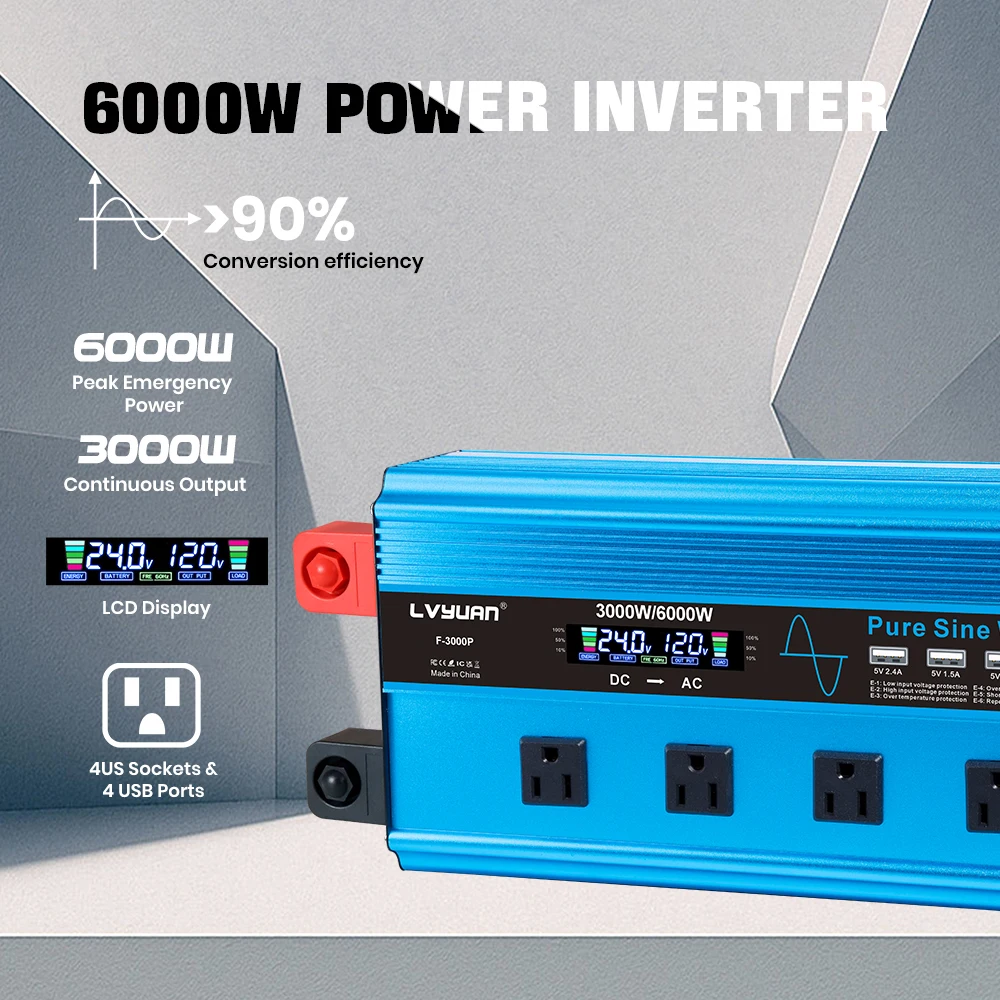 LVYUAN Pure Sine Wave Inverter 4000W 6000W 8000W Peak 12V to 110V 60Hz US Outlets 4 USB LCD Car RV Truck Camping Off Grid Home