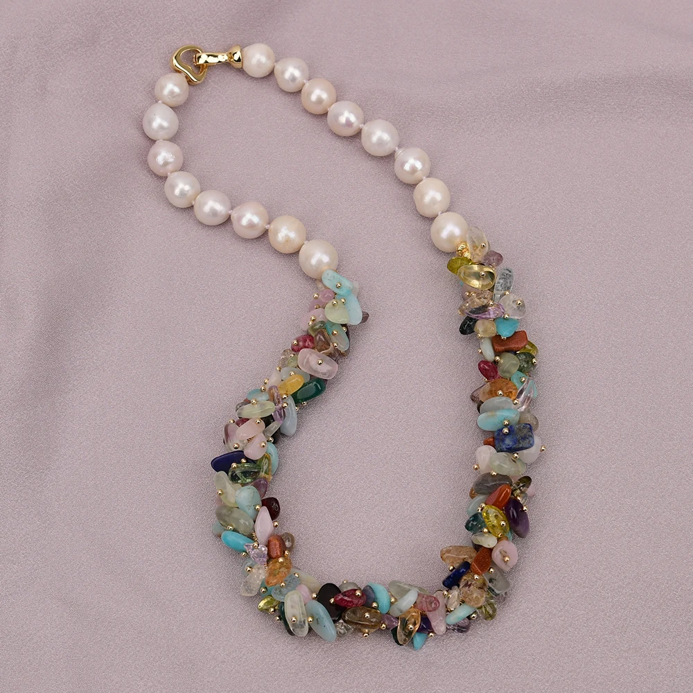 G-G Big White Keshi Pearl Natural Mix Gems Stone Chokers Necklace 19\'\'