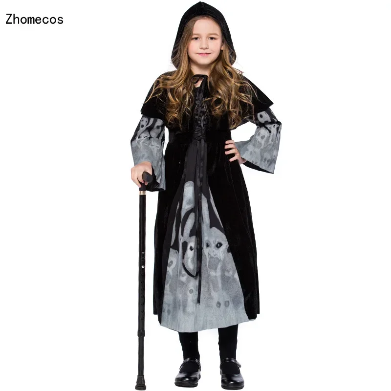

Cashmere Girls Noctilucent Skeleton Witch Costumes Cosplay With Hooded Opera Cape For Children Halloween Party Dress