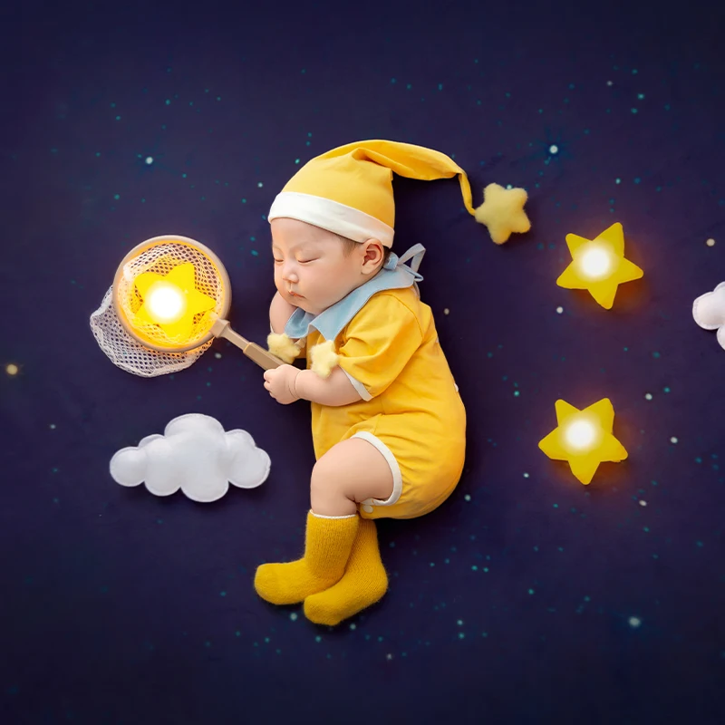 Starry Sky Theme 0-1 Month Newborn Photo Shoot Costume Yellow Jumpsuit with Hat Socks Kit Infant Month Birthday Photography Prop