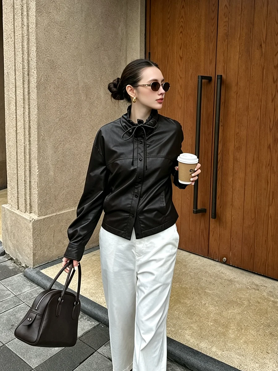 LIMO Women  Faux Leather Cropped Jacket Lapel Collar Drawstring Decor Button Down Long Sleeve Loose Short Coat