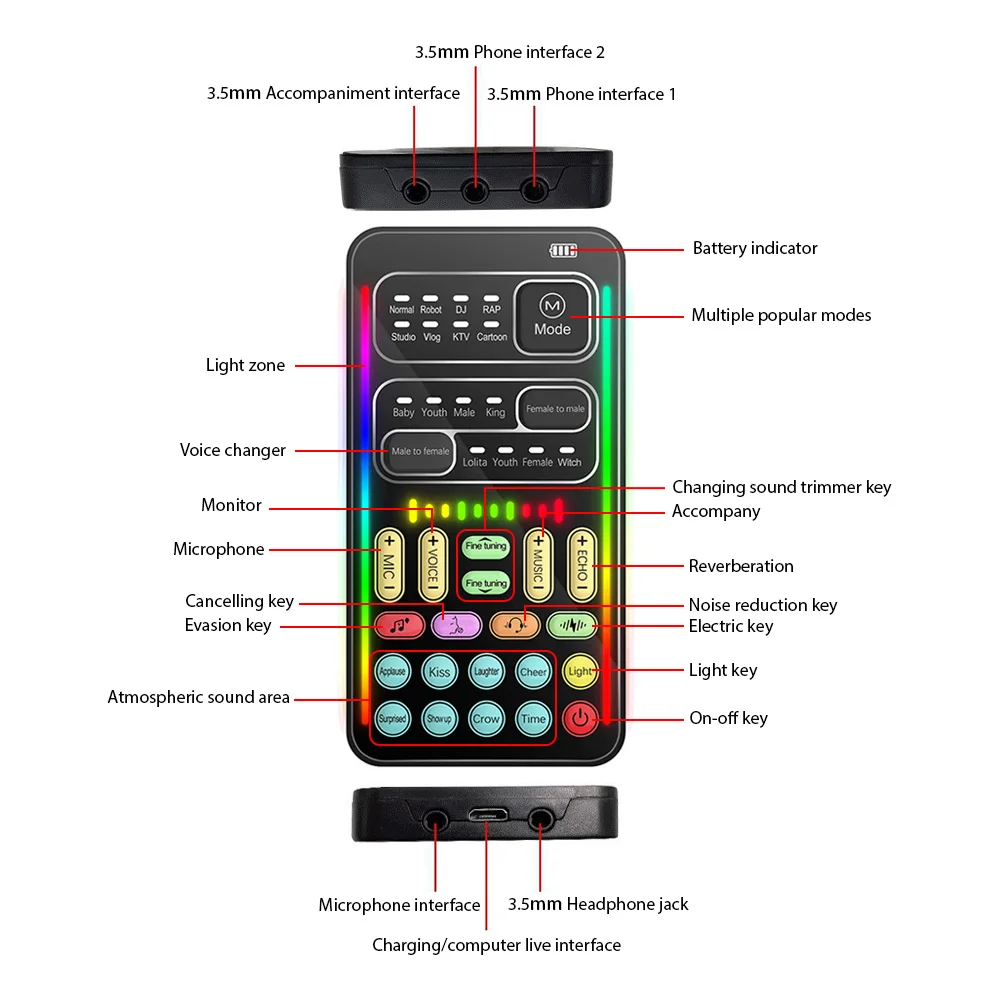 i9 Voice Changer Mini Multiple Audio Effect Bluetooth-Compatible Live Sound Cards Ultra-Thin Portable Live Sound Card Mic Tool