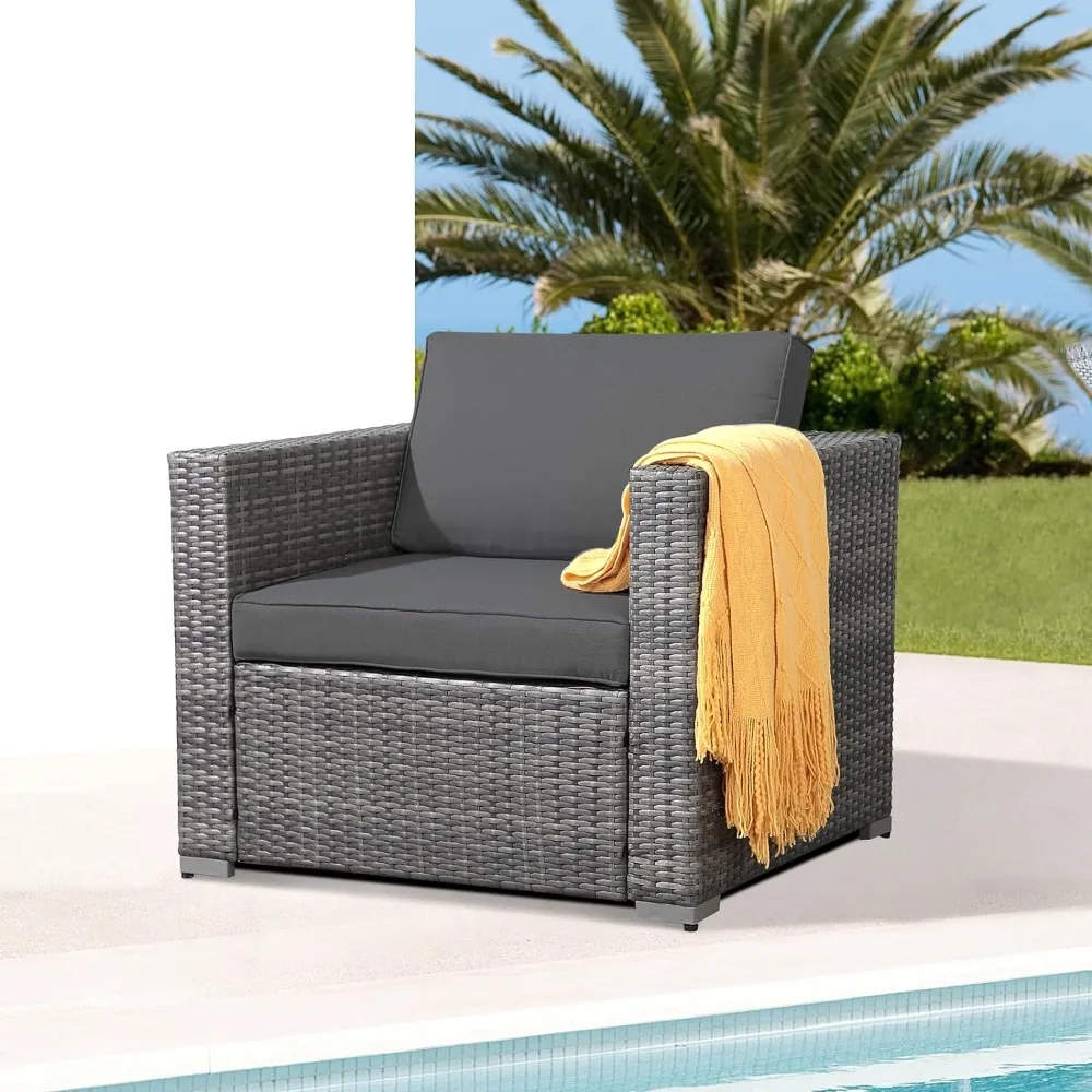 Patio Single Sofa, Outdoor Armchair, All-Weather Grey PE Wicker Rattan Sectional Sofa, Additional Chair Dark Grey Cushion