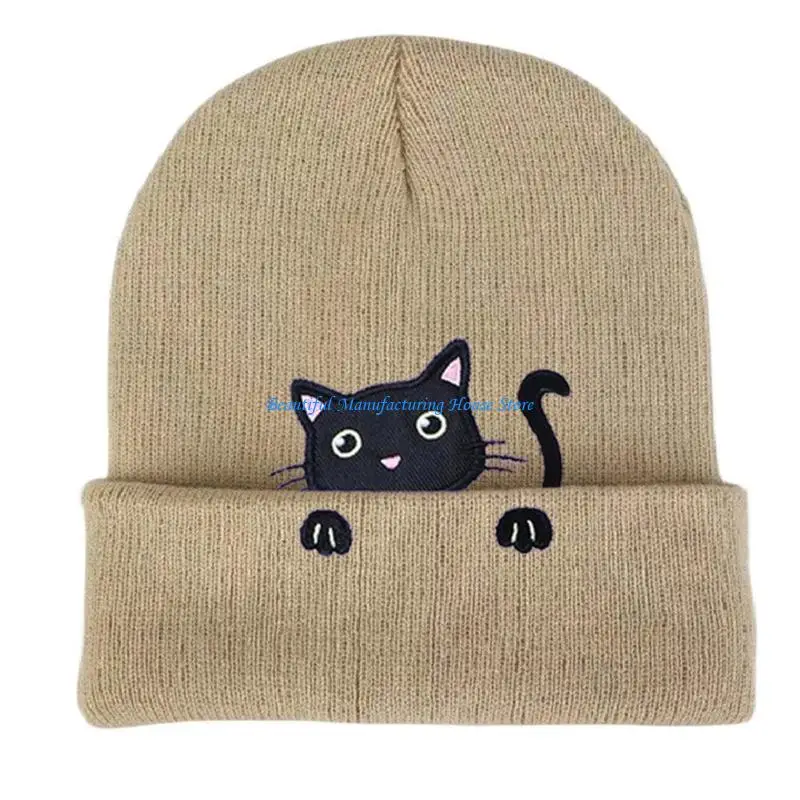 E56A Warm Hat Pullover Hat Embroidered Kitten Hat Warm Hat Skull Caps