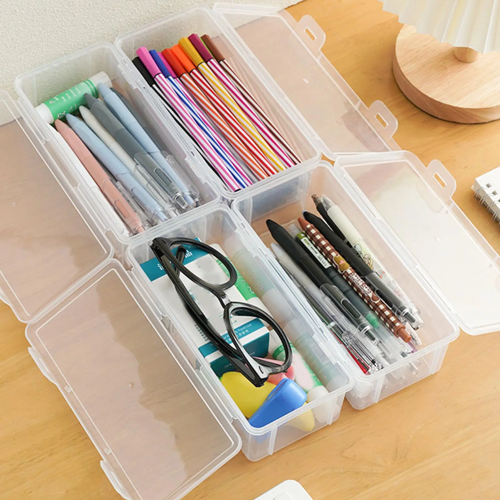 Pencil Storage Box,Pen Organizer Storage,Office Supplies Organizer Box,Large Capacity Transparent Marker Crayon Box for School