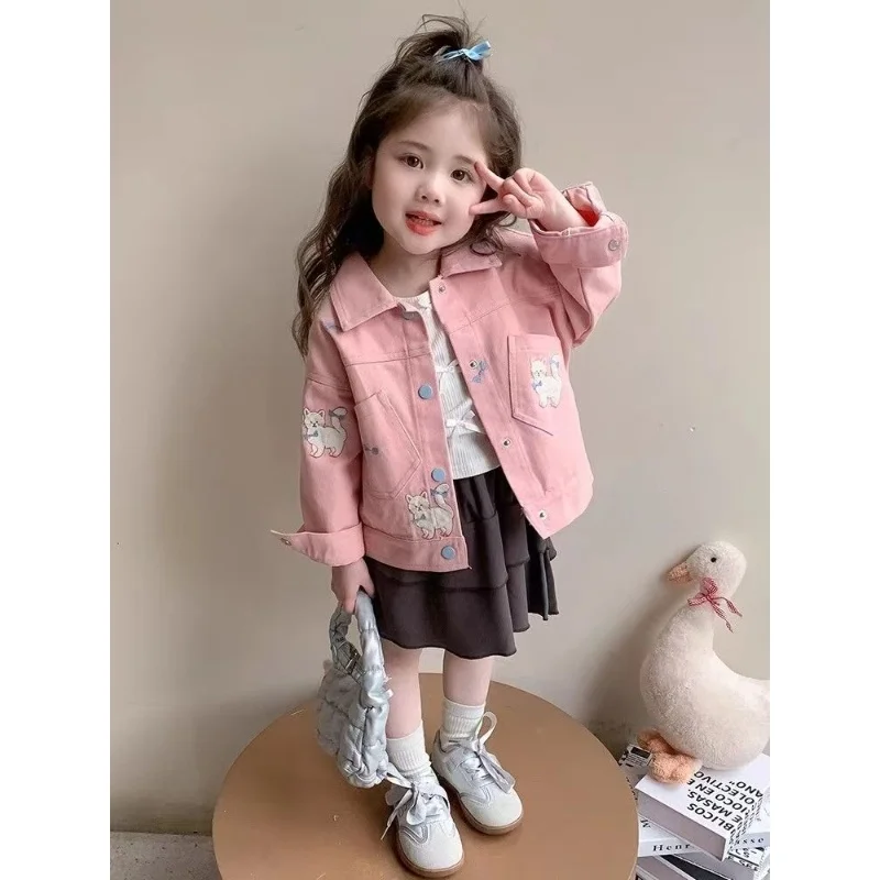 Girls' Denim Jacket 2025 Autumn  New Item Girls' Baby Korean Version Lapel Jacket Children's Fashion Casual Jacket 2-7Years