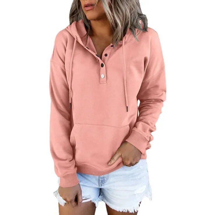 

Women's Spring and Autumn New Fashion Casual Hooded Top Solid Color Loose Long-sleeved with Pocket Buttons Drawstring Hoodie Y2k