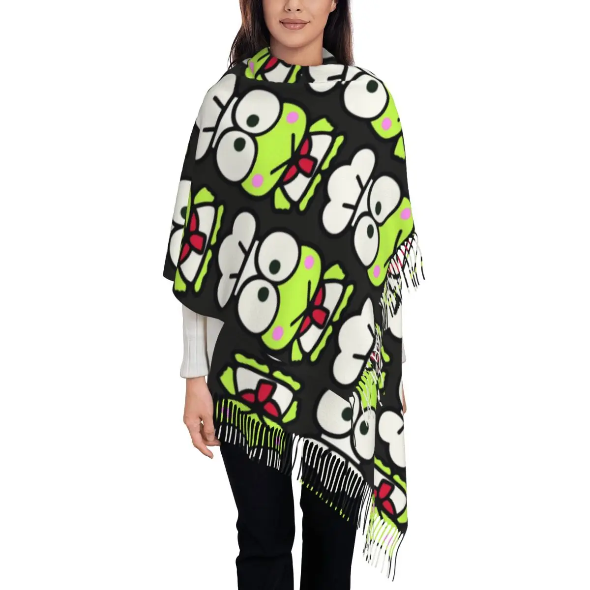 

Custom KeroKeroKeroppi Chef Scarf Wrap for Women Long Winter Warm Tassel Shawl Unisex Scarves