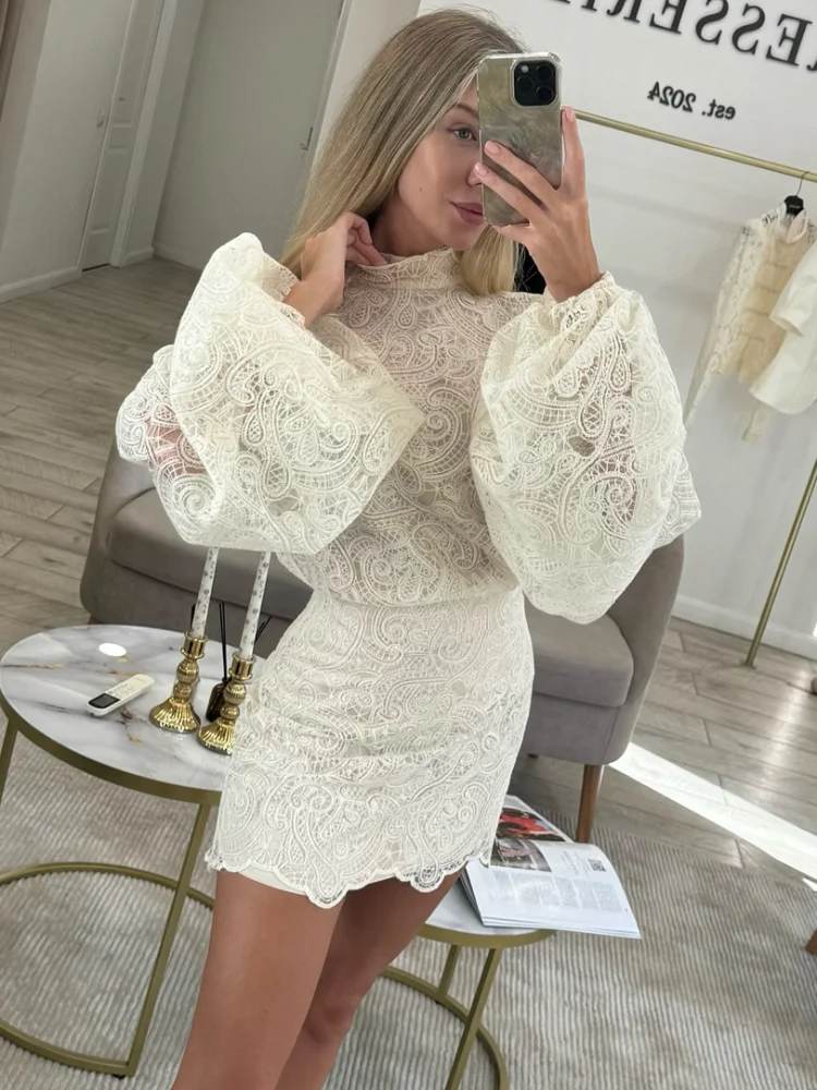 Women Solid Hollow Out Lace Mini Dress High Collar Flare Long Sleeves Short  Vestidos Chic Lady Elegant Night Party Club Gowns - AliExpress 200000345