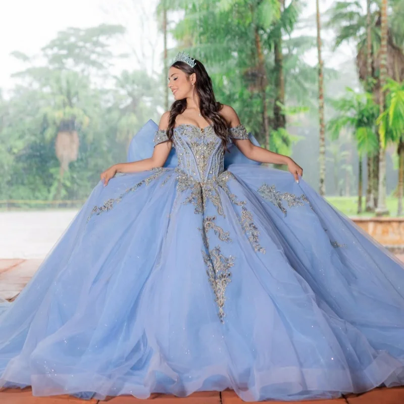 

Blue Quinceanera Dress off-shoulder Golden Glitter Beading Decal Lace Long tail Big Bow vestidos de 15 Quinceanera ﻿Customize