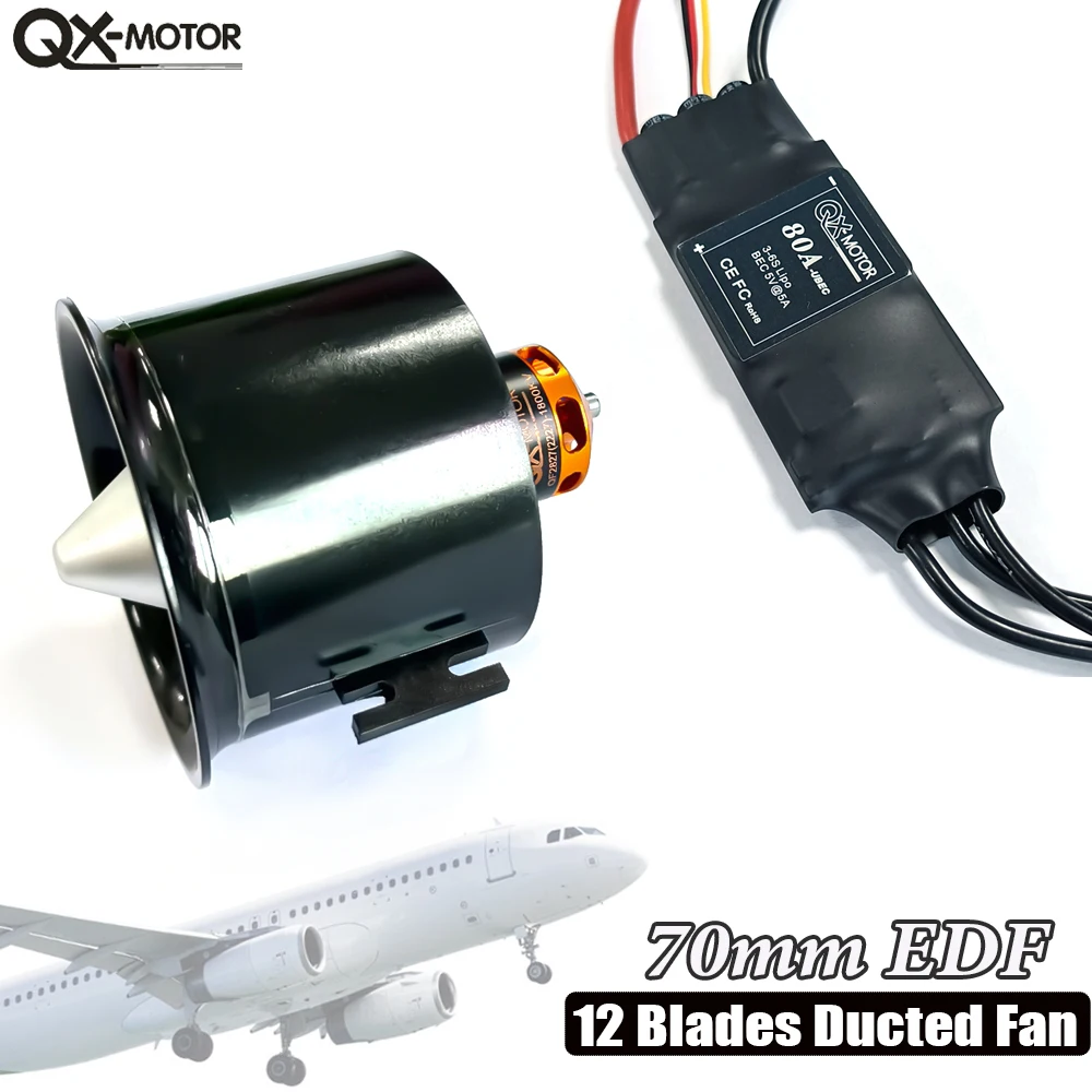 

QX-Motor 70mm EDF 12 Blades Ducted Fan QF2827 Brushless Motor with 60A / 80A ESC For FMS RC Remote Control Toy Airplane
