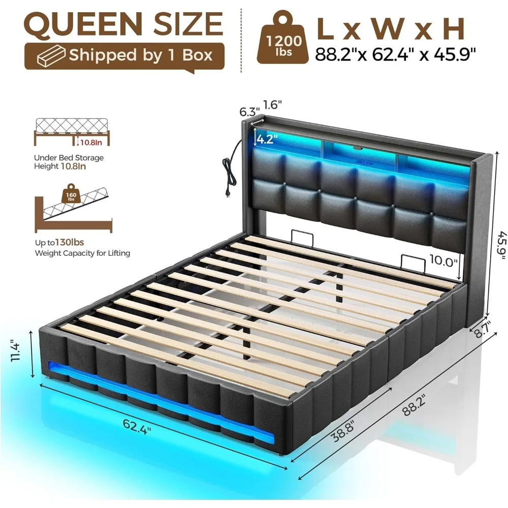 Rolanstar Bed Frame Queen Size with Lift Up Storage, Charging Station & LED Lights, Upholstered Storage Headboard, Heavy Duty Wo