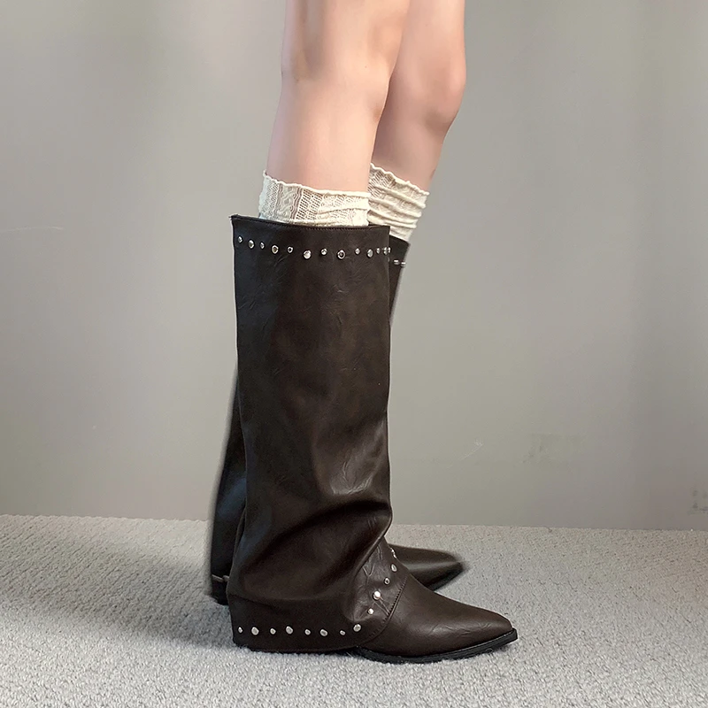 Pointed Toe Rivet Wide Calf Long Boots Women Ruched Slip On Block Heel Vintage Western Knee High Boots Ladies Fashion Footwear