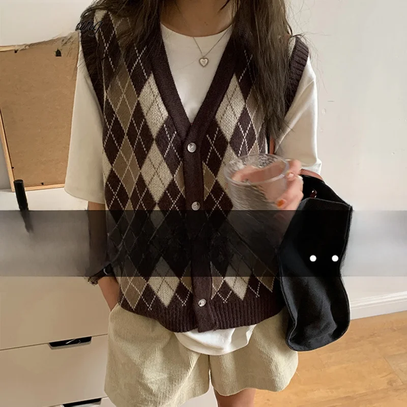 

Retro College Sle Knitted Vest Women's Small Size V-Ne Sweater Top Outerwear Layering Diamond Pattern Autumn Winter