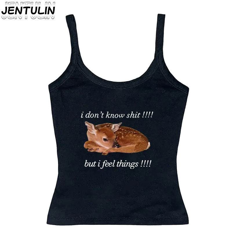 귀여운 작은 사슴 그래픽 프린트 크롭탑 2000년대 Y2K 탱크탑 고딕 슬림 민소매 코케트 베스트 캐주얼 코르셋 에모걸