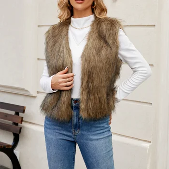 Image Women  Open Front Jackets Vest Solid Outwear Gilet Streetwear Fashion Solid Color Sleeveless Faux Fur Vest