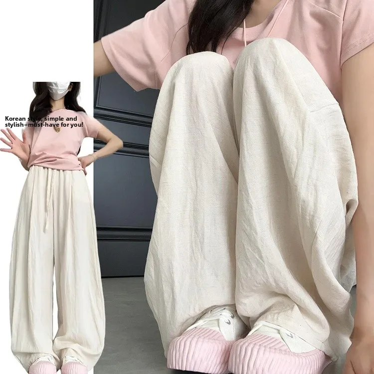 Koreanische Sle Einfache Baumwolle Leinen Luftige frauen Sommer Casual Hosen Lose Fit Vielseitig Entspannende Spor Hohe Taille Gerade Bein