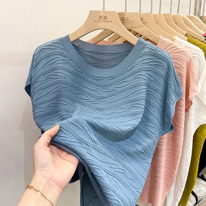 حجم كبير المرأة فضفاضة التخسيس الجولة Ne الجليد الحرير ort Sve تي شيرت صيف جديد Sle Batwing Sve العصرية #3