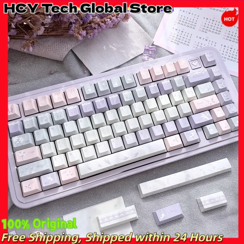 HCY Lily Fantasy Poem PBT Keycaps Cherry Profile 5-Side Dye Sub Wearproof MX CrossStem Keycap Set For 60 65 75 Alice Mech KBD