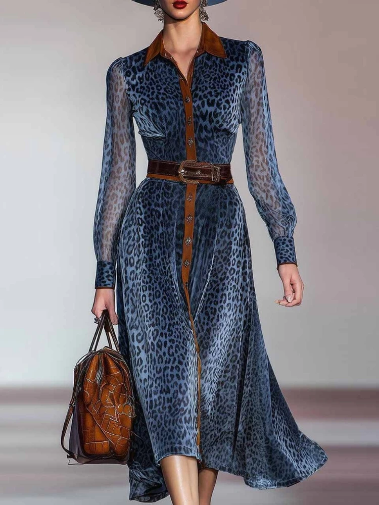 فساتين امرأة أنيقة الرجعية ترتيب الأسرة طوق ليوبارد طباعة فستان طويل الخريف واحدة الصدر طويلة الأكمام فستان رعاة البقر الغربية