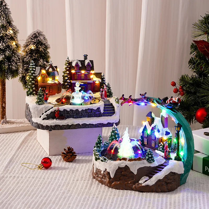 

Water Fountain Luminous Led Light Up Music Christmas Village Ornaments Santa Claus Snow House Xmas Tree New Year Home Decoration