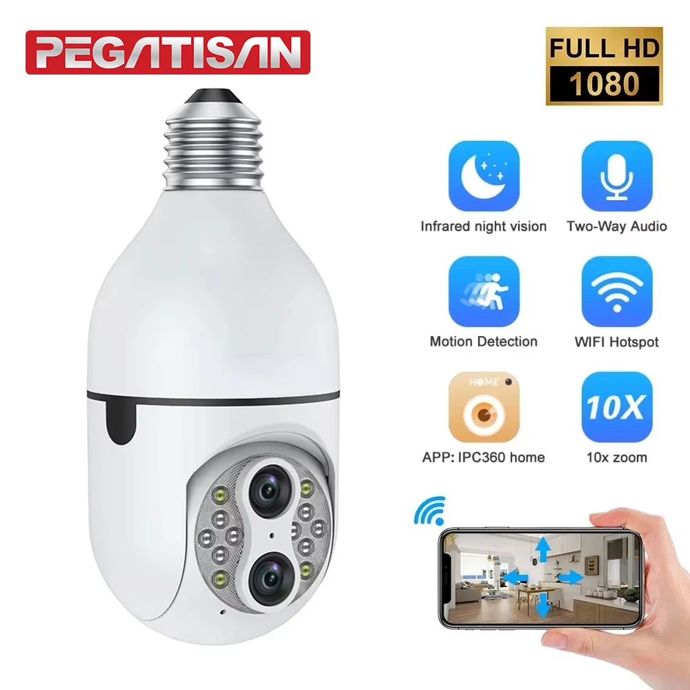 PEGATISAN Dual Lens 10x Zoom IR Night vision Home Remote view Surveillance PTZ Camera Smart E27 Bulb Type Surveillance CCTV Cam