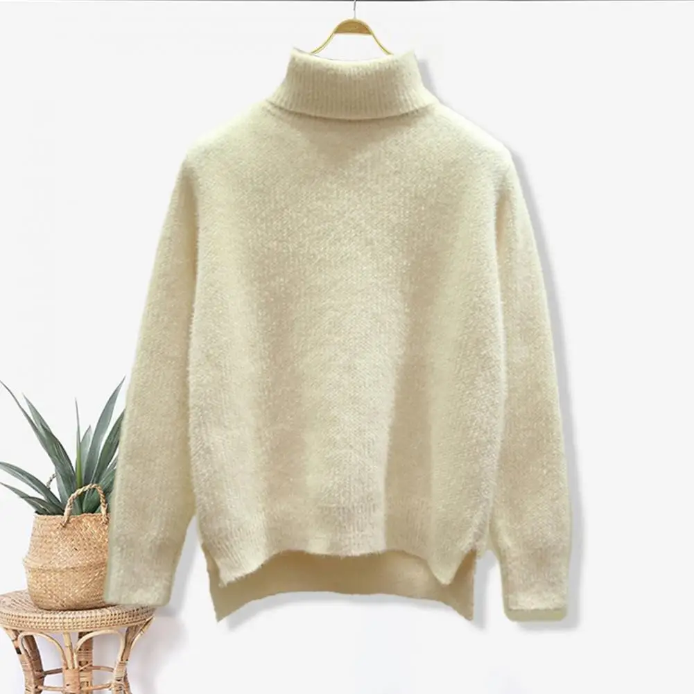 High Collar Sweater Warm High Collar Sweater Thickened Knitting Sweater Women\'s Turtleneck Pullover with Side Split Hem Cozy