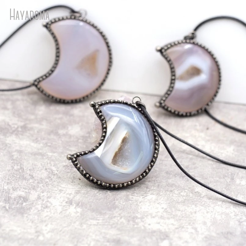 10Pcs Antique Silver Color Leather Rope Agates Vintage Boho Witch Handmade Jewelry Soldered Crescent Moon Necklace NM50627