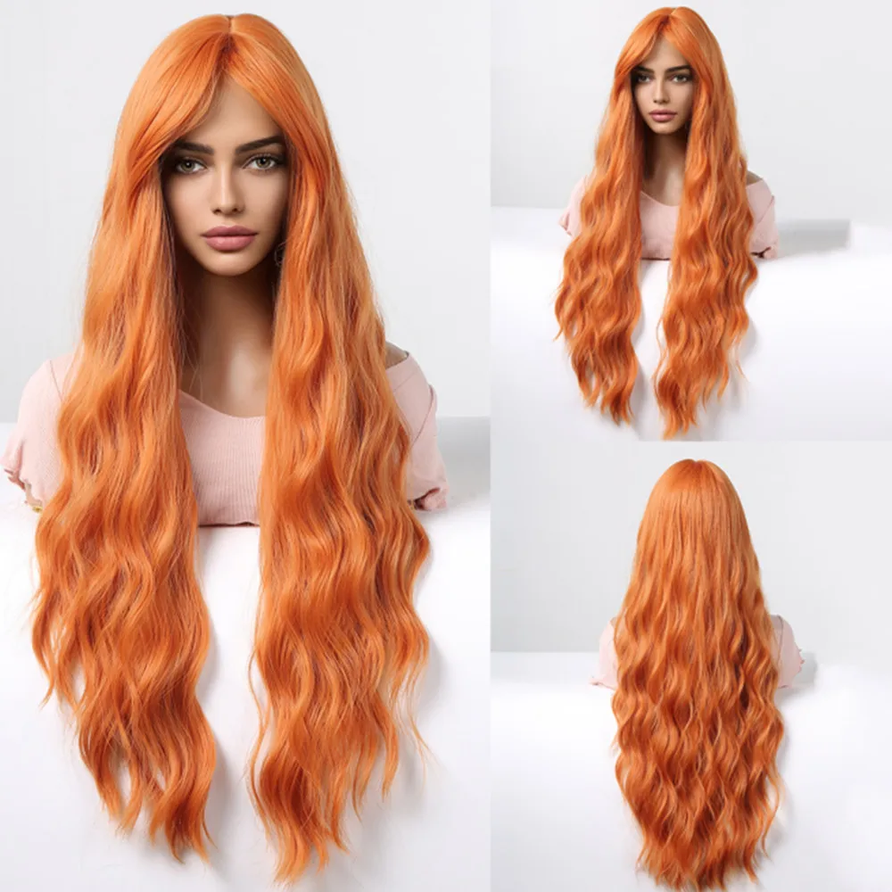 Longo Laranja Ondulado Perucas sintéticas com Franja Colorido Peruca Resistente ao Calor Encaracolado para Cosplay Party 26 inch Natural Procurando Cabelo Falso