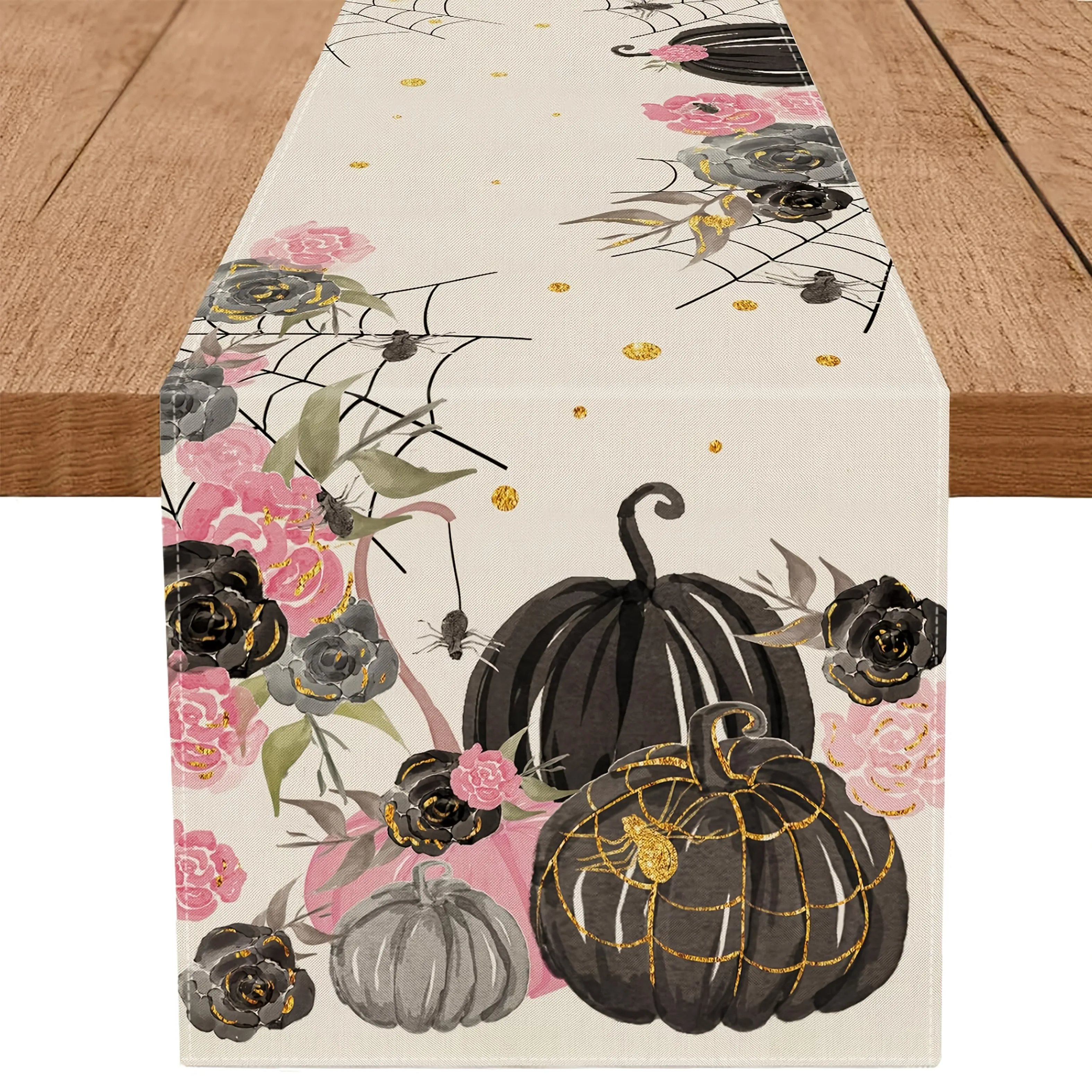 1 Piece of Accessible Luxury Halloween Table Runner, Painted Black Gold Pumpkin, Pink Flower, Spider Web, Adapted to Party, Restaurant, Home Furnishing, Decoration Scene.